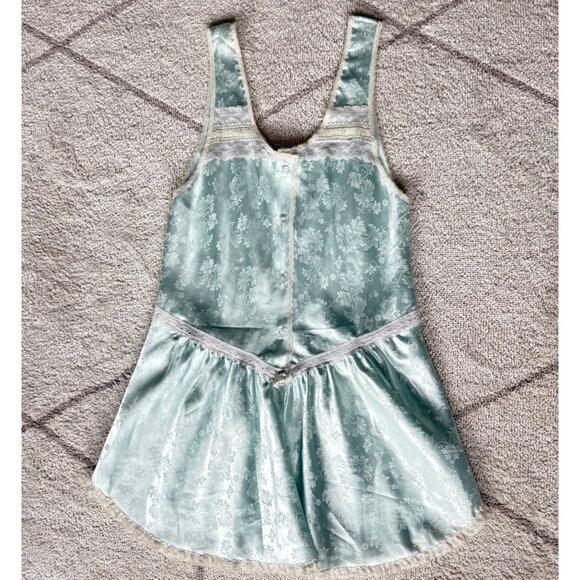 Vintage Christian Dior Lingerie Satin Lace Chemise Blue Jacquard Floral - Picture 1 of 6